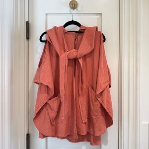 Lindsey Thornburg Raw Silk Coral Hooded Cape with Cut-Outs and Pockets